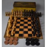 Two Complete Chess Sets, Draughts Board and Vintage Tin, Kings 7.25cm high