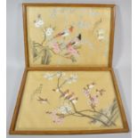 A Pair of Chinese Paintings on Silk Depicting Birds and Blossom, Both Signed, 38cm wide
