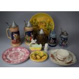 A Collection of Five Larger Steins, Royal Doulton Bowl and Plates, Plaster Plaques etc