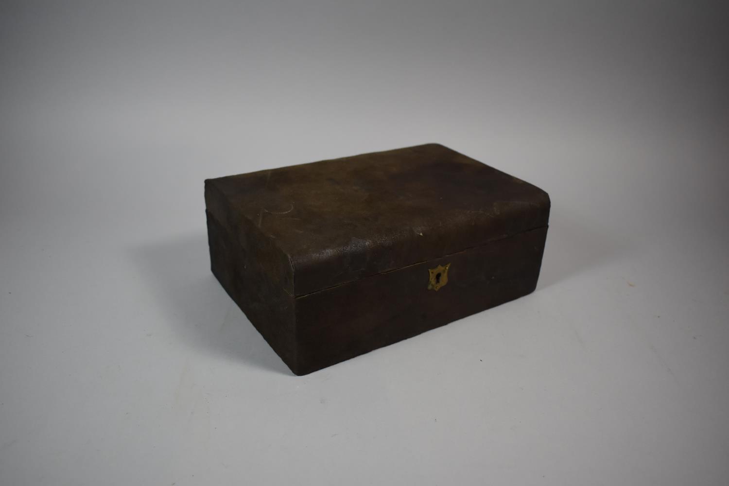 A Vintage Suede Covered Rectangular Work Box, Missing Inner Tray, 25.5cm wide