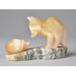 An Art Deco Carved Cats Eye Quartz Study of Fox Cub and Hedgehog Set on Shaped Marble Plinth, 10cm