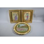 A Pair of Gilt Framed Oriental Embroidery Depicting Geisha Girls and a Circular Birish Example