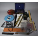 A Collection of Various Surveyors Tape Measures, Scale Rules, Moisture Meter, Salter's Spring