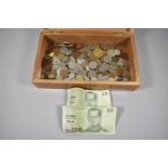 A Wooden Cigar Box Containing Coins and Bank Notes etc