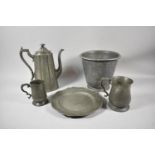 A Collection of Various 19th Century Pewter Items to Include Coffee Pot, Two Tankards, Planter and