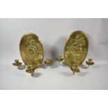 A Pair of Oval Brass Three Branch Wall Hanging Candelabra, 29cm high