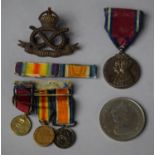 A Set of WWI Miniature Military Medals, South Staffordshire Regimental Badge, George V Coronation