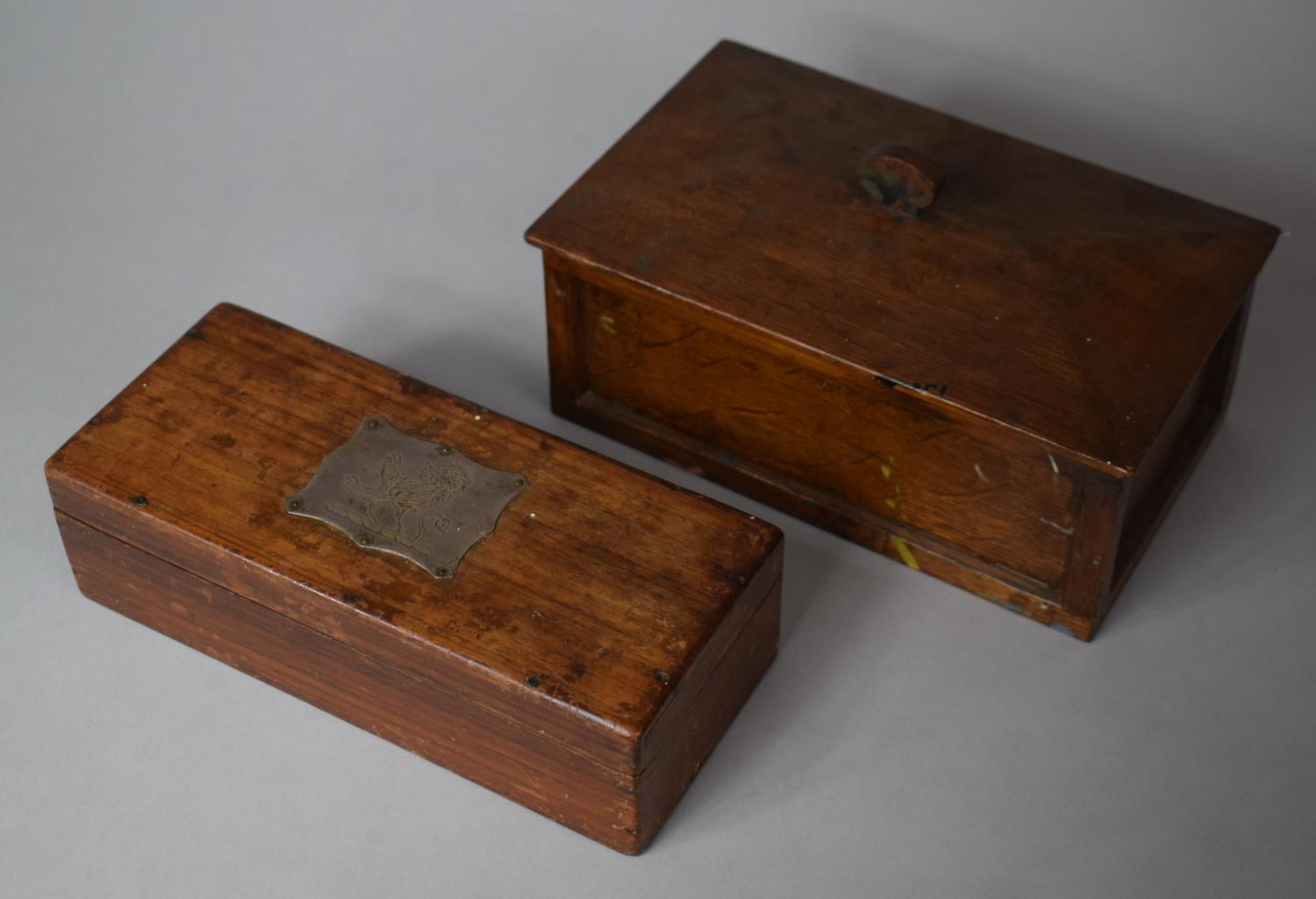 A 19th Century Mahogany Pen Box with White Metal Escutcheon Engraved with Rampant Lion Together with