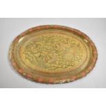 An Indian Oval Brass Tray with Enamelled and Engraved Decoration Depicting Tiger Hunt, 46cm wide