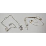 Two Silver Chains with Crucifix and Heart Shaped Pendants