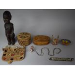 A Carved African Figure of Seated Female Together with Various Beadwork Bracelets, Woven Boxes,