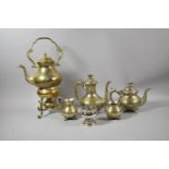 A Brass Spirit Kettle on Stand Together with a Four Piece Silver Plated Teaservice and a Small