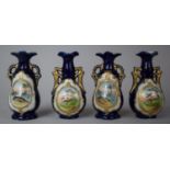 A Collection of Four Cobalt Blue and Gilt Miniature Miniatures with Painted Cartouches, 9cm high