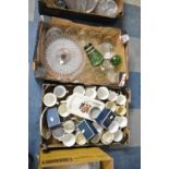 Two Boxes Containing Various Glassware, Commemorative Mugs, Royal Worcester etc