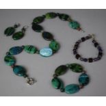 A Turquoise Style Stone Bracelet, Necklace and Silver Mounted Earrings Together with an Amethyst