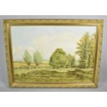 A Gilt Framed Oil on Board Depicting Meadow and Trees, Signed C E Barnes, 56cm Wide