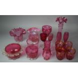 A Collection of 17 Pieces of Cranberry Glass to include Fluted Rimmed Bowls, Glasses, Vases Etc