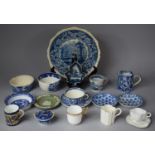 A Tray of Blue and white Ceramics to include Staffordshire Pickle Dish of Leaf Form, 18th Century