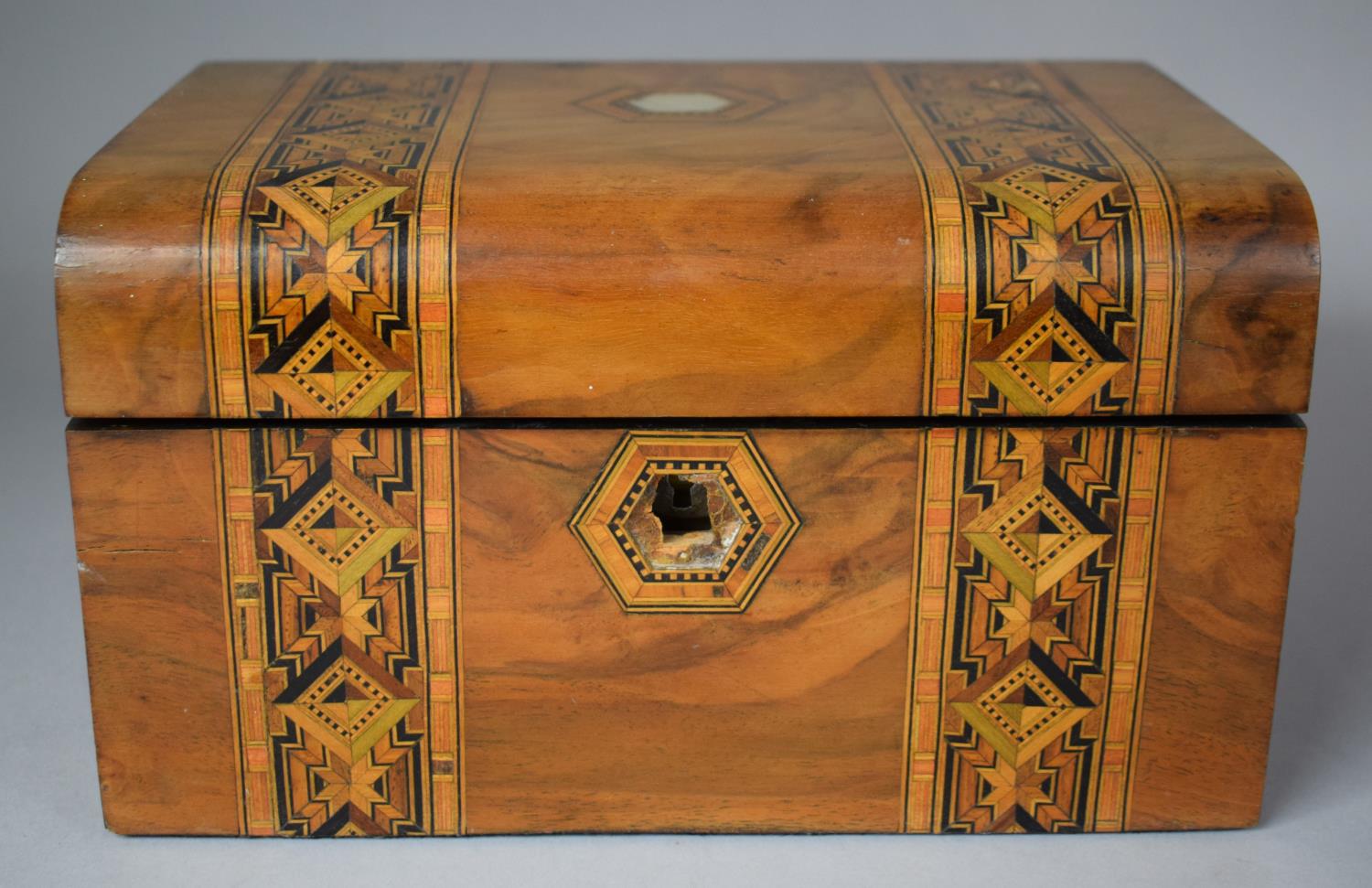 A Continental Banded Inlay Walnut Work Box with Removable Tray, In Need of Restoration and Attention