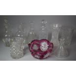 A Collection of Various Glassware to include Decanters, Conical Example, Vases. Jug, Bowl Etc