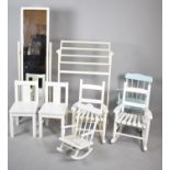 A Collection of Various Painted Doll's and Teddy Bear's Chairs, Clothes Airer and Cheval Mirror