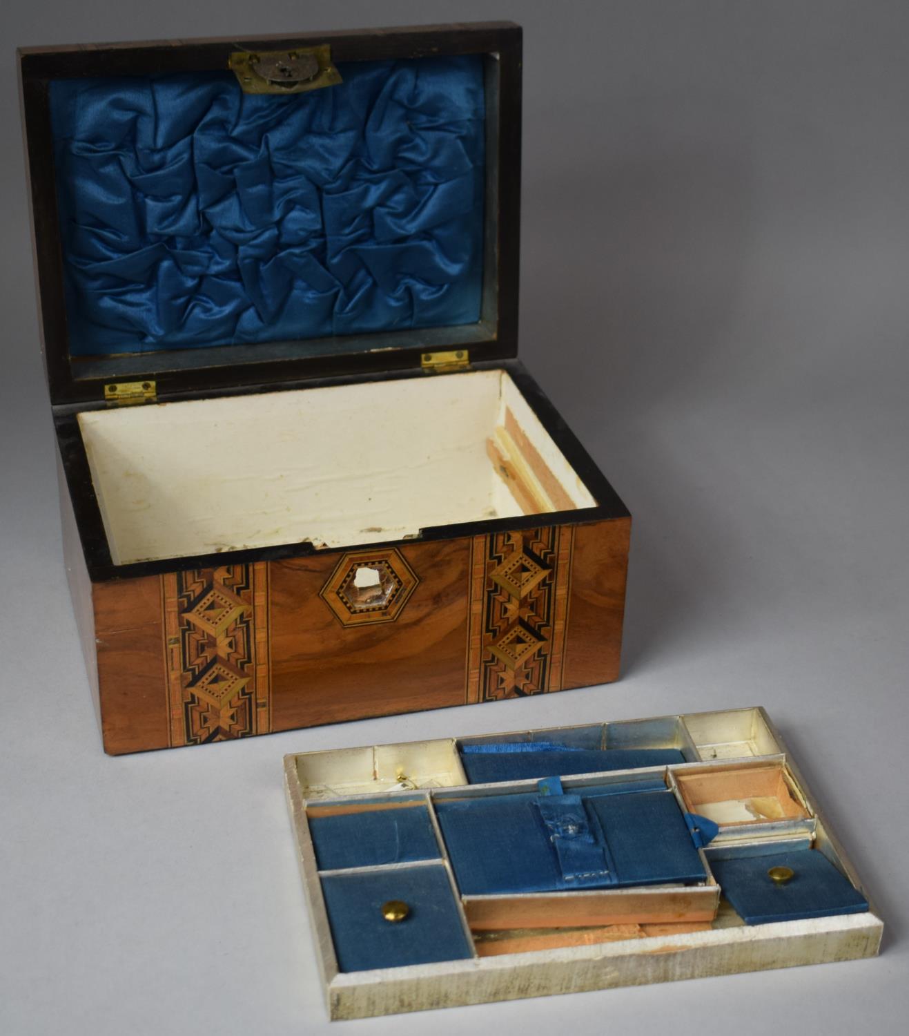 A Continental Banded Inlay Walnut Work Box with Removable Tray, In Need of Restoration and Attention - Image 3 of 3