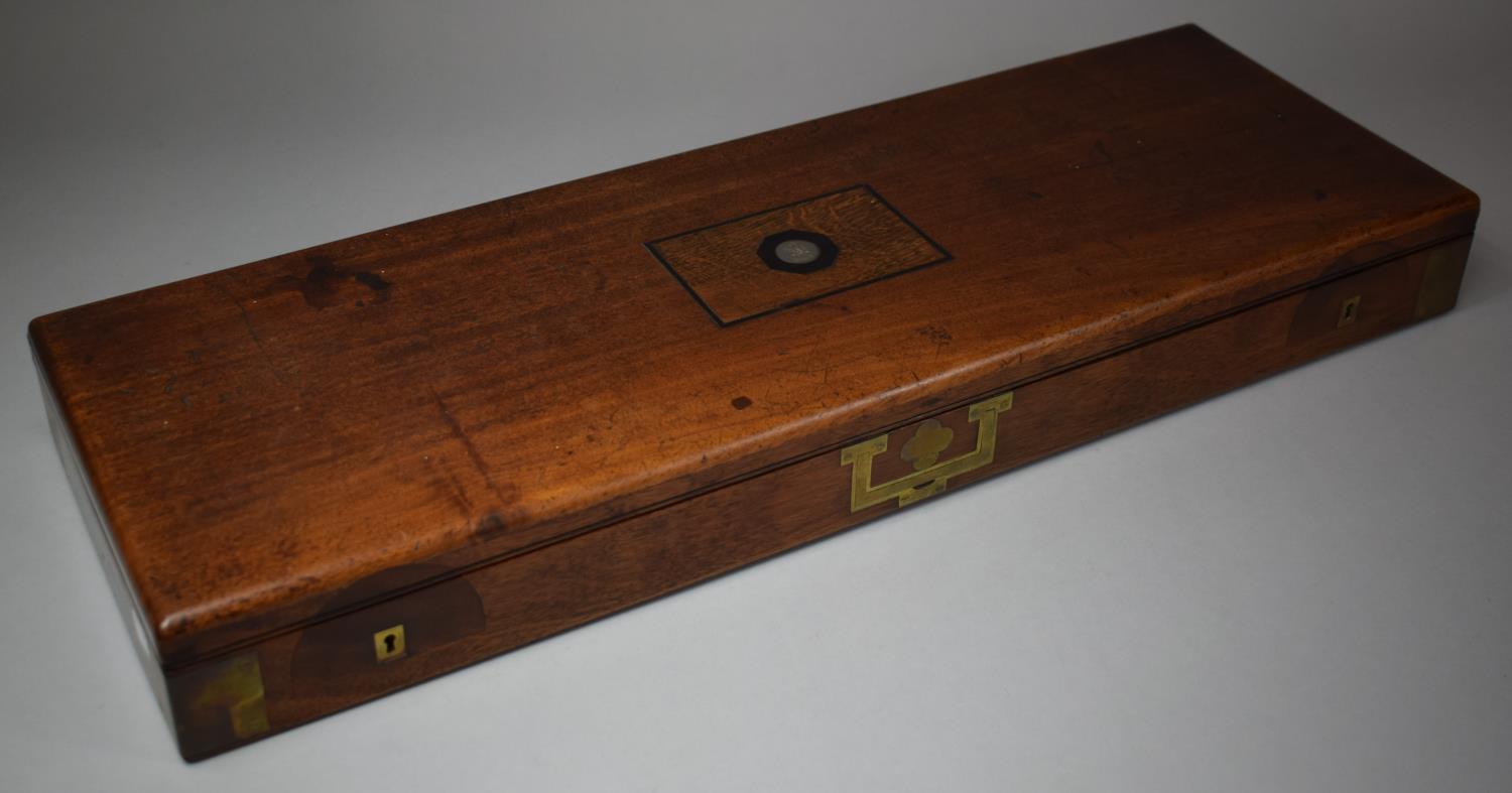 A Vintage Mahogany Shotgun Case with Armorial Inlaid Disk Depicting Lion Rampant and inscribed "