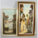 Two Framed Souvenir Continental Oils Depicting Street Scenes, The Largest 63cm High