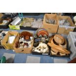 Four Boxes Containing Glazed Kitchen Stonewares, Treenware, Table Cloths, Vases etc