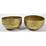 A Pair of North Indian Brass Bowls Decorated in Relief with Hunting Scenes, 11.5cm Diameter