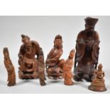 A Collection of Seven Carved Chinese Wooden Figures to Include Elders, Guanyin etc
