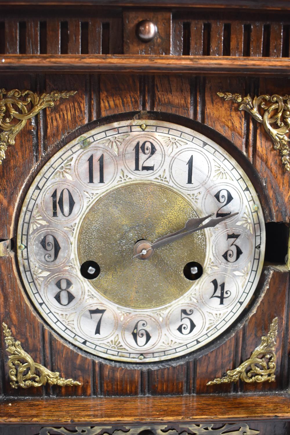 A Late 19th Century Oak Cased Bracket Type Clock with Pierced Brass Mounts and Spandrels, 46cm wide - Image 2 of 4