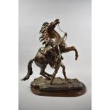 A Large Late 20th Century Copper Patinated Bronze Marley Horse on Oval Wooden Plinth, 45cm High