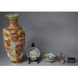 An Oriental Satsuma Vase (AF) Together with Enamelled Match Box Holder, Decorated Rice Bowl, Spoon