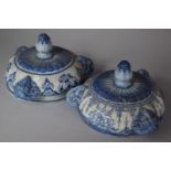 A Pair of French Gien Pottery Blue and White Faience Circular Hanging Bowls with Rams Head Mask