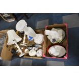 Three Boxes of Ceramics, Table Lamps, Metalware etc