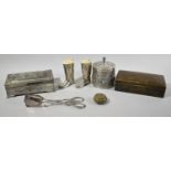 A Collection of Silver Plate to Include Riding Boots, Spirit Measures, Cylindrical Lidded Box,