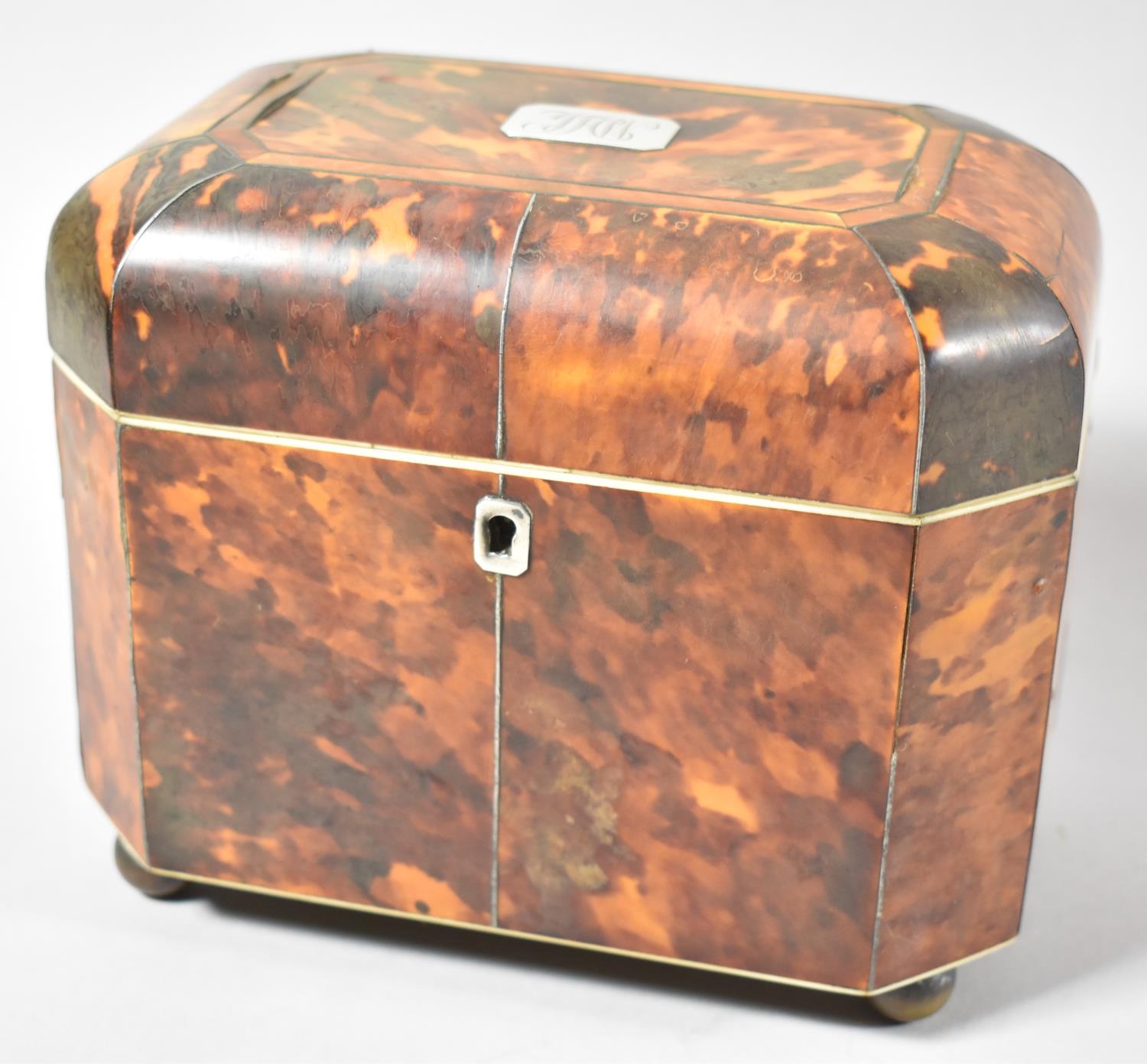 A Regency Tortoiseshell Tea Caddy with Silver Escutcheon Monogrammed J H W to Hinged Lid Giving