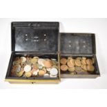 Two Vintage Metal Cash Tins Containing Various Coins