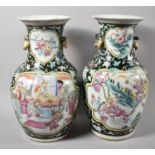 A Pair of Famille Rose Canton Export Vases on Black Ground of Baluster Form, the Vases with Interior