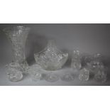 A Collection of Various Glassware to include Large Cut Glass Vase, Basket, Jugs Candlesticks Etc