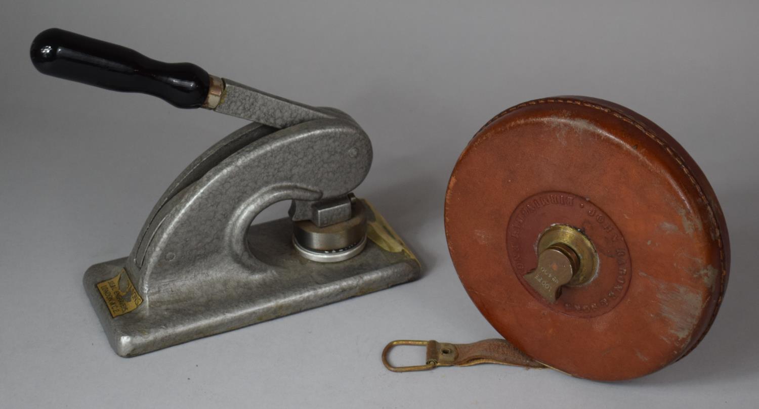 A Leather Cased Rabone Linen Tape Measure Together with a Letter Embosser or Stamp for Ewels and