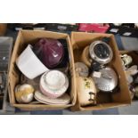 Two Boxes of Kitchen China, Cooking Pans etc