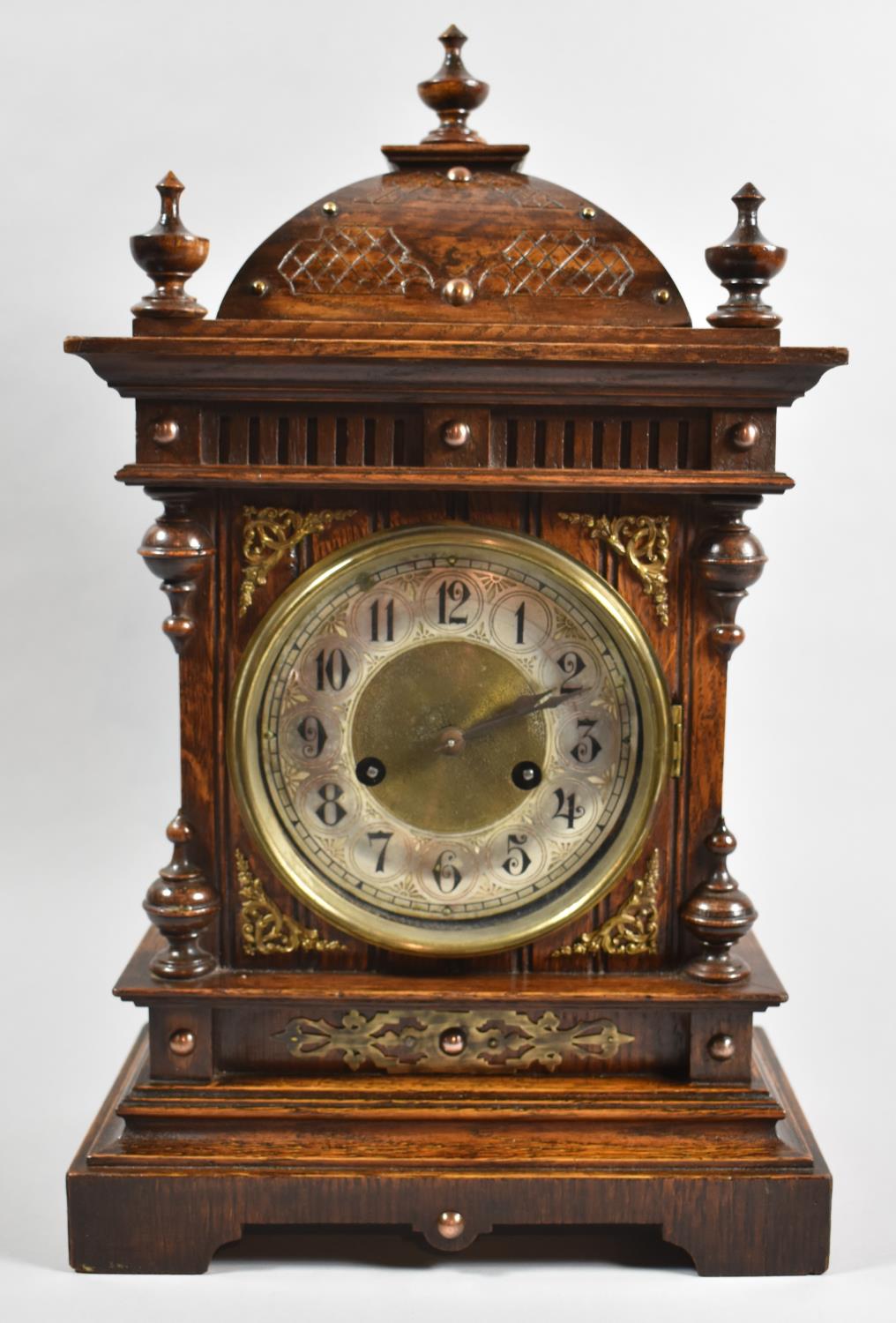 A Late 19th Century Oak Cased Bracket Type Clock with Pierced Brass Mounts and Spandrels, 46cm wide