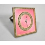 A Vintage Pink Enamel Travel Clock with Easel Back Stand, Movement Overwound, 6.5cm Square
