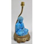 A Table Lamp Base in the Form of Blue Glazed Ceramic Buddha Sat on Carved Wooden Stand, Mac Height