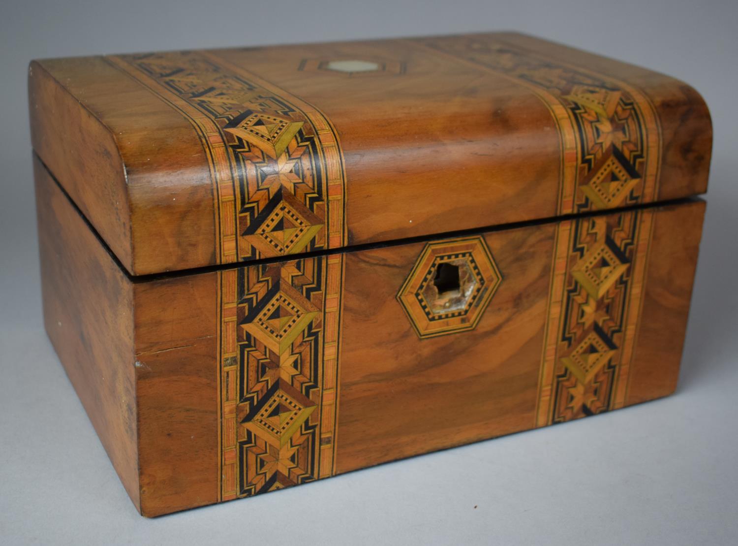 A Continental Banded Inlay Walnut Work Box with Removable Tray, In Need of Restoration and Attention - Image 2 of 3