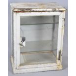 A Vintage White Painted Metal Glazed Cabinet with Two Inner Glass Shelves, In Need of Some