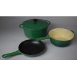Two Green Glazed Cast Iron French Cooking Pans Together with a Non Stick Skillet