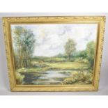 A Gilt Framed Oil on Board Depicting Pond with Trees, 49cm wide